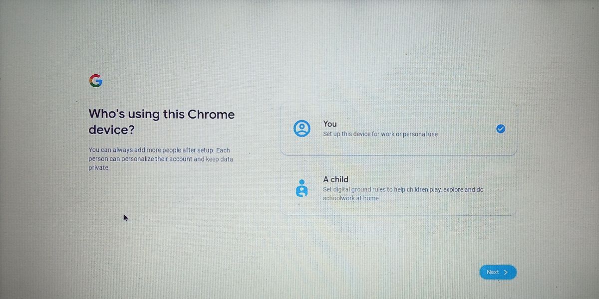 Выбор типа пользователя в ChromeOS Flex