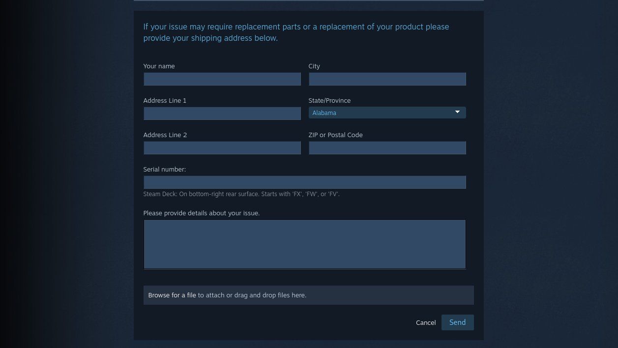 Открытие тикета в поддержке Steam Deck