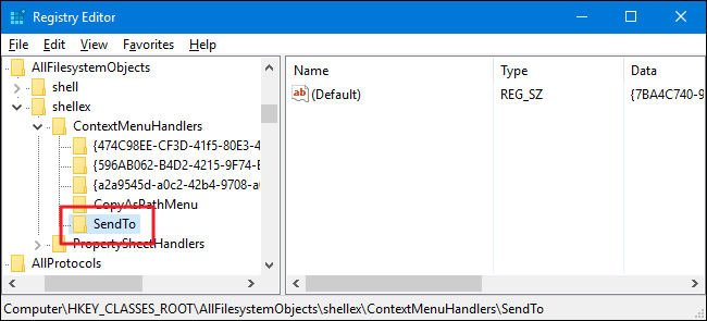 Свойства значения (Default) внутри ключа Send To
