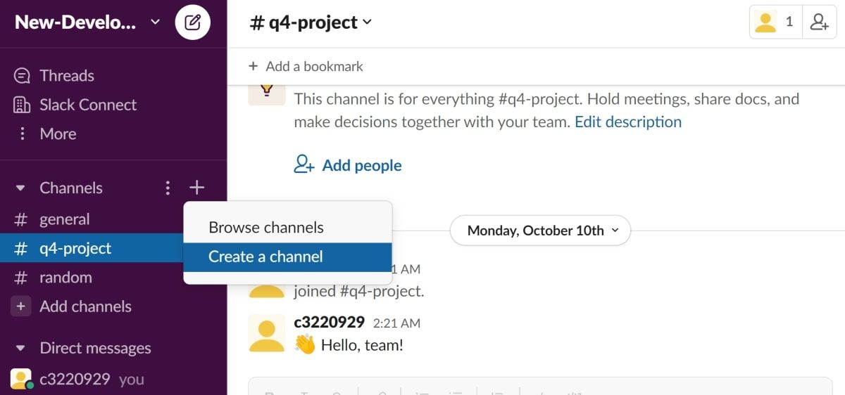 Пункт меню для добавления нового канала в Slack
