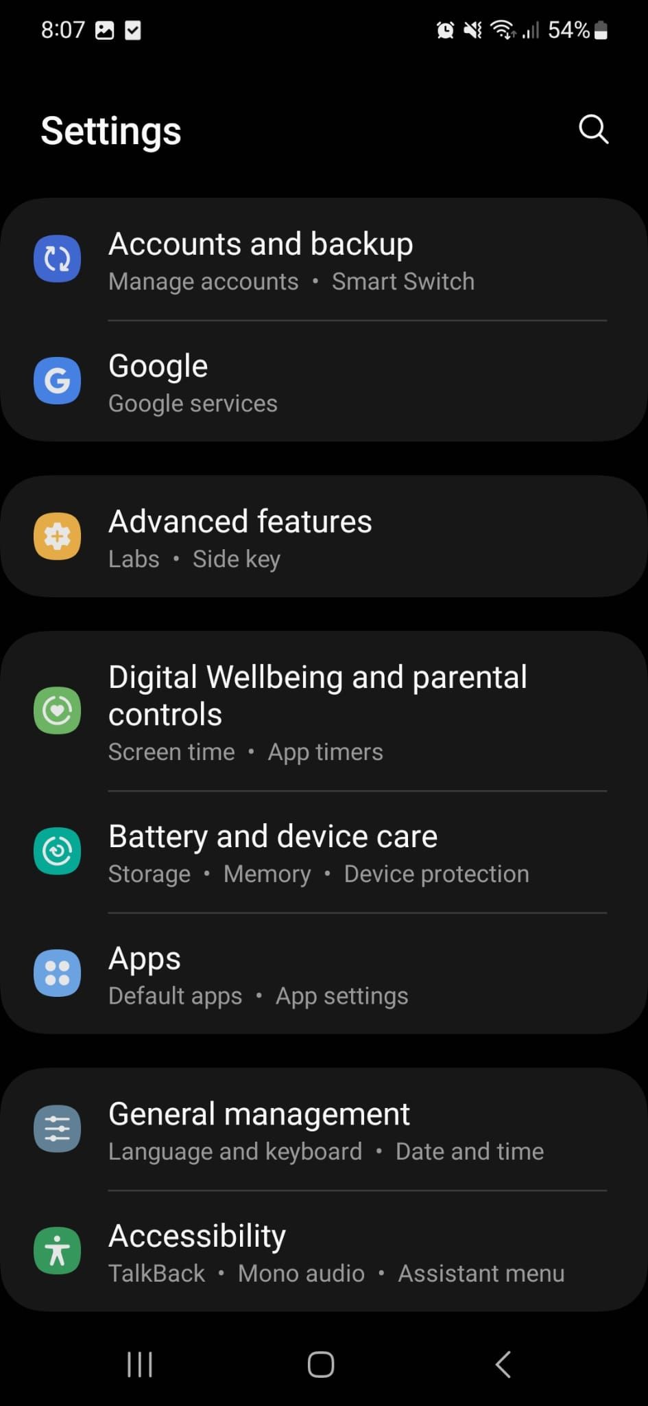 Меню настроек Android на телефоне