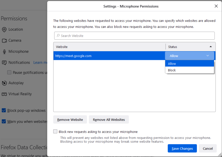 Переключатели Разрешить/Блокировать и кнопка Сохранить изменения