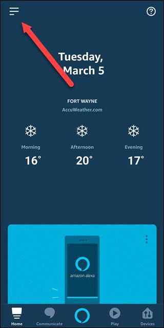 Скриншот приложения Alexa с стрелкой на значок меню