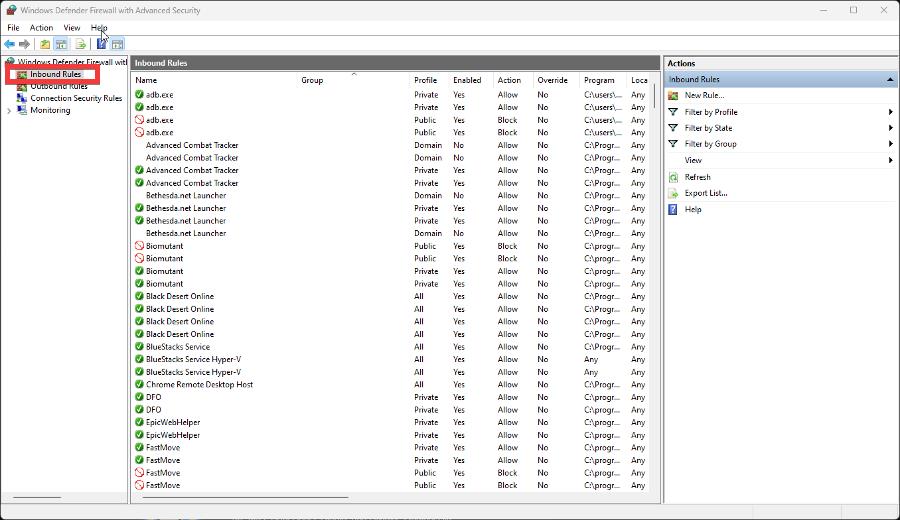 Создание нового правила программы в брандмауэре