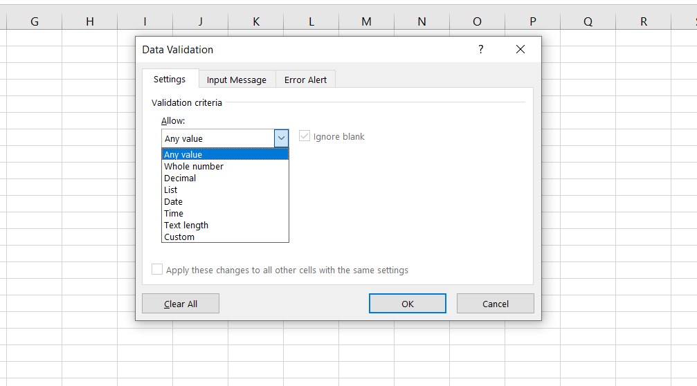 Диалог проверки данных: выбор типа или ввод пользовательской формулы
