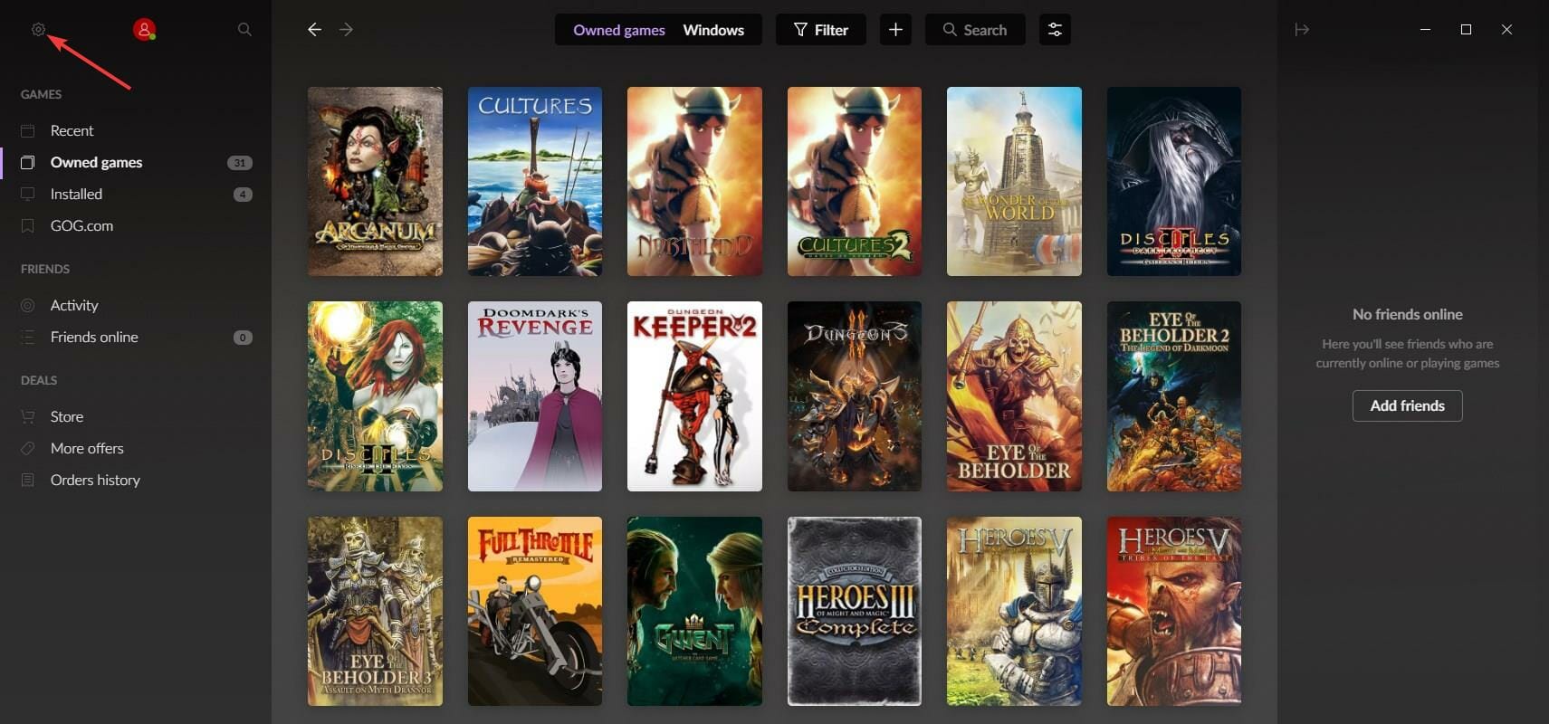 Кнопка шестерёнки в интерфейсе GOG Galaxy