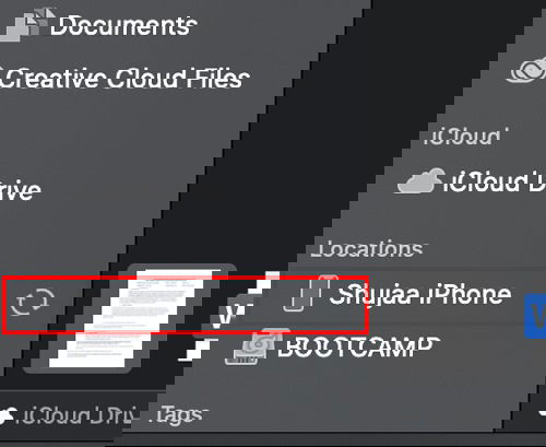 Подключённое iOS-устройство видно в боковой панели Finder