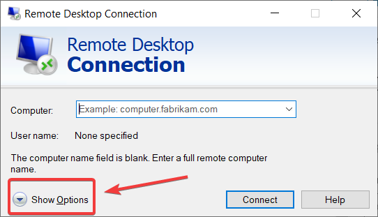 Показать параметры в Remote Desktop Connection