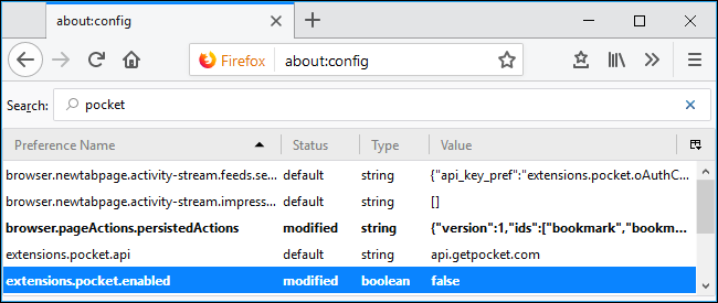 Настройка extensions.pocket.enabled установлена в false