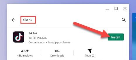 Кнопка «Установить» для TikTok в Play Store на Chromebook.