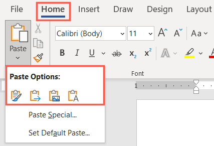Кнопка Вставить на вкладке Главная