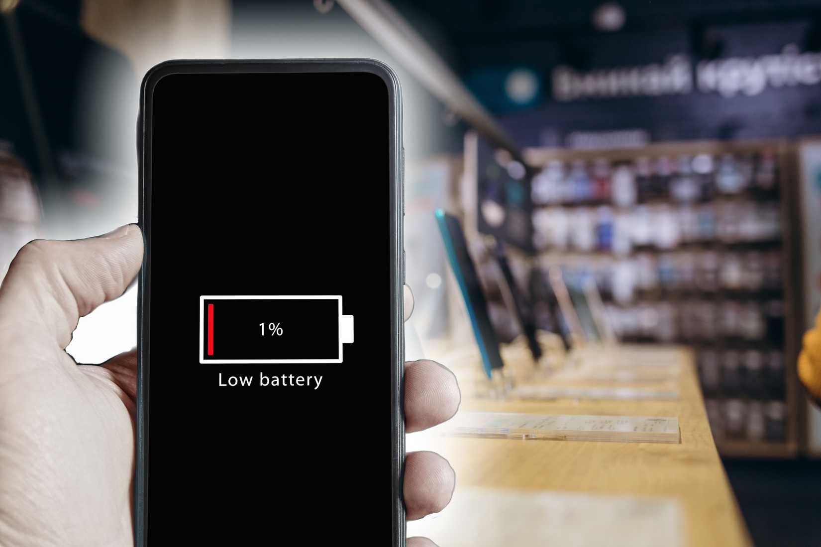 smarthone with low battery notice in store