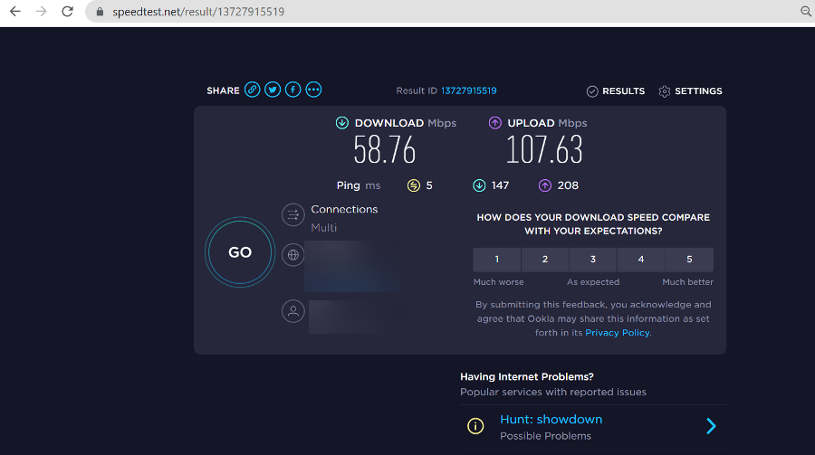 Тест скорости интернет‑соединения с результатами ping, download и upload