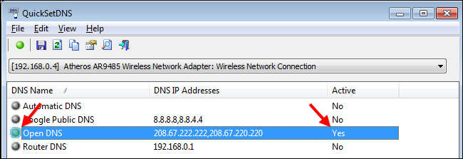 Новый профиль OpenDNS в списке QuickSetDNS