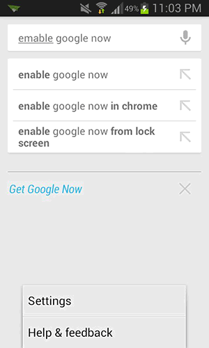 Экран настроек Google Now в приложении