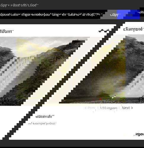 Окно с кодом для встраивания альбома и предпросмотром