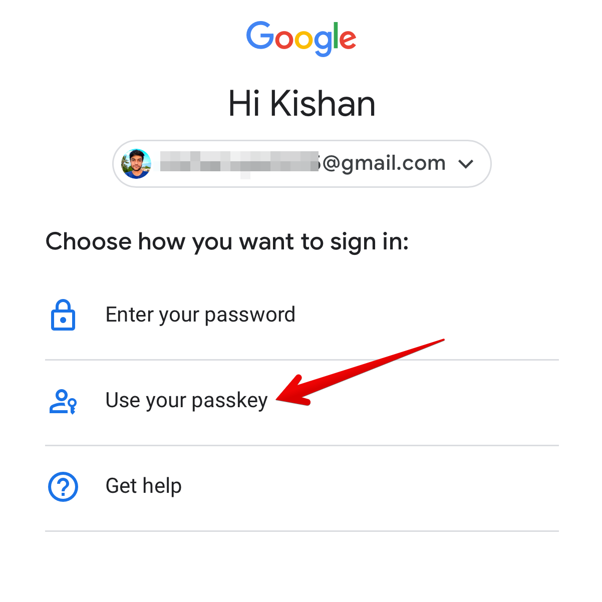 Меню выбора дополнительных способов входа, выделена опция «Использовать ключ доступа».