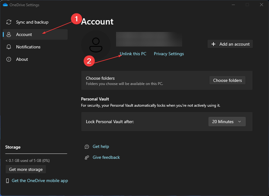 Настройки учётной записи OneDrive — отвязать этот ПК