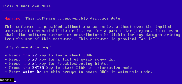 DBAN: загрузочный интерфейс