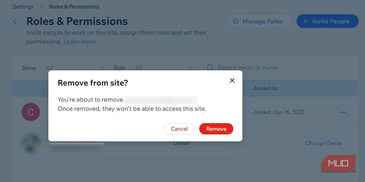 Подтверждение удаления участника в Wix
