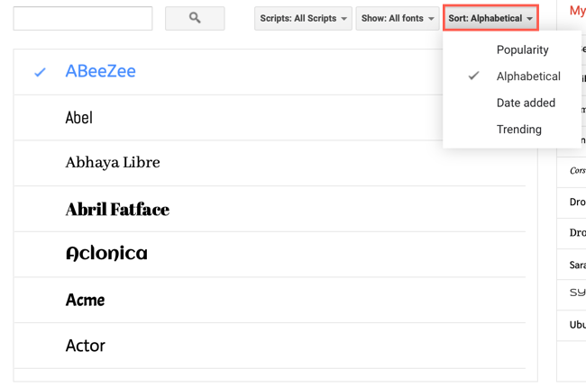Меню сортировки шрифтов