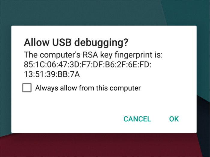 Диалог подтверждения отладки USB на телефоне