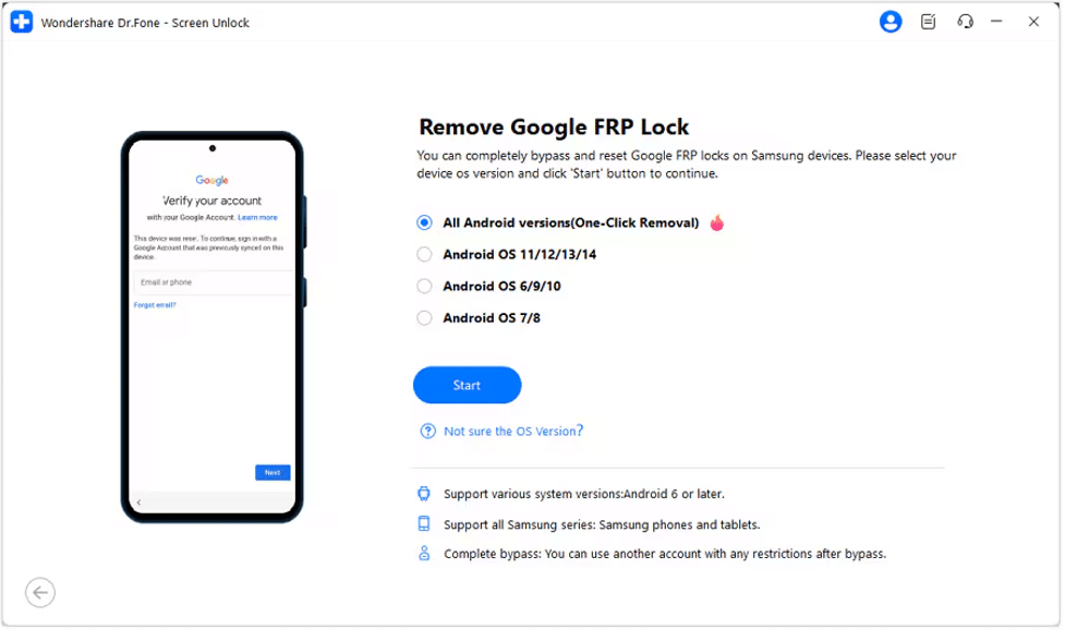 Выбор опции Remove Google FRP Lock в Dr.Fone