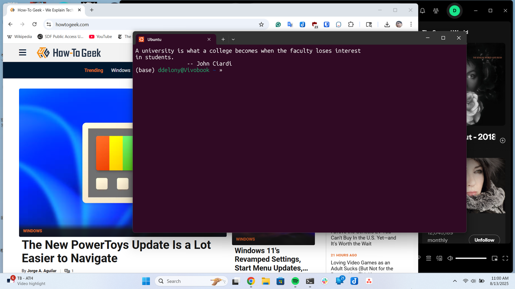 Windows-Desktop mit Chrome, Spotify und WSL-Linux-Terminalfenster.