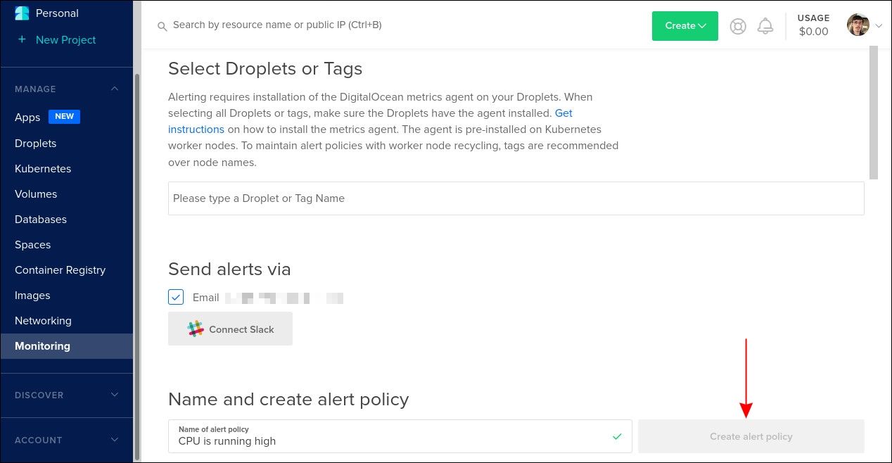 Скриншот создания политики оповещений в DigitalOcean