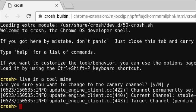 Скриншот процесса переключения канала в crosh