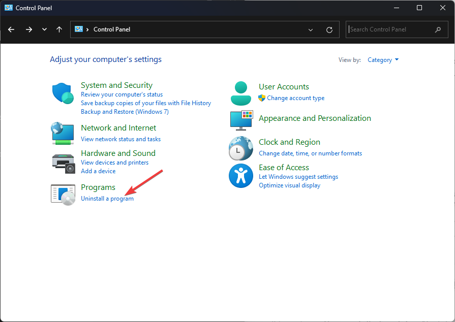 Раздел Удаление программ в Панели управления