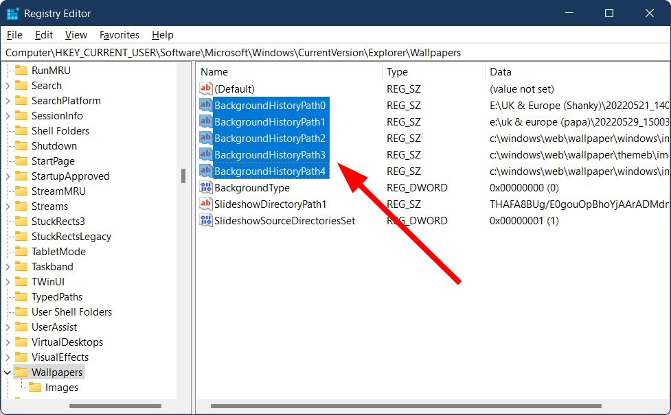Удаление ключей BackgroundHistoryPath в реестре