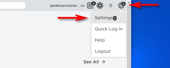 На сайте Roblox: значок шестерни и пункт «Настройки»