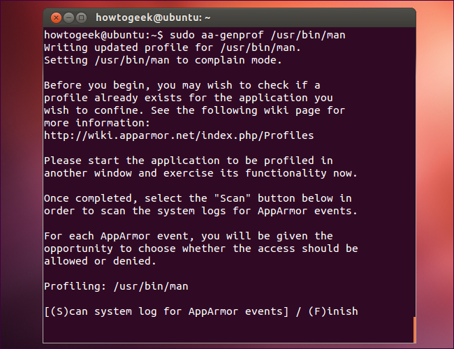 Запуск aa-genprof в терминале для мониторинга приложения