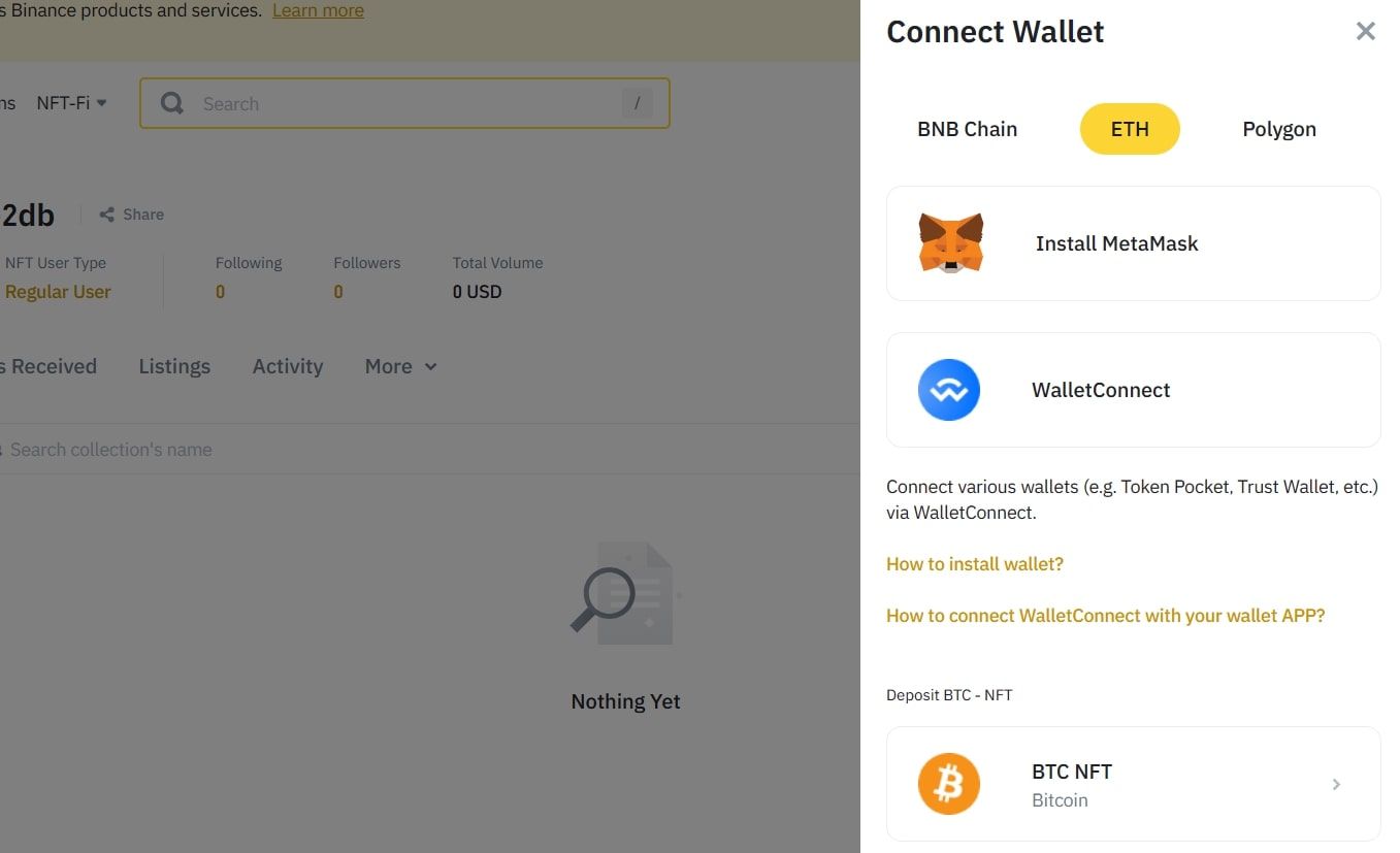 Скриншот окна пополнения / подключения кошелька в Bixel