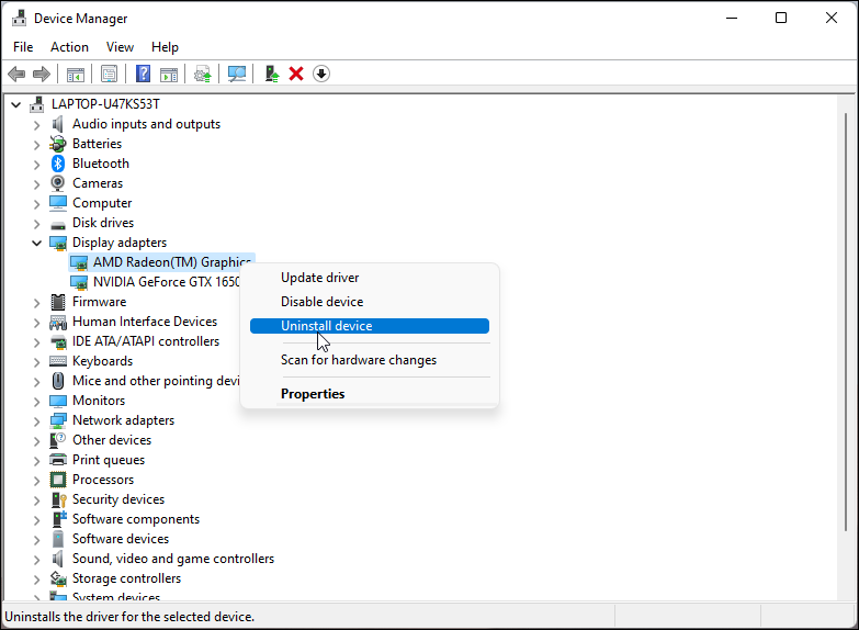 Удаление устройства видеоадаптера