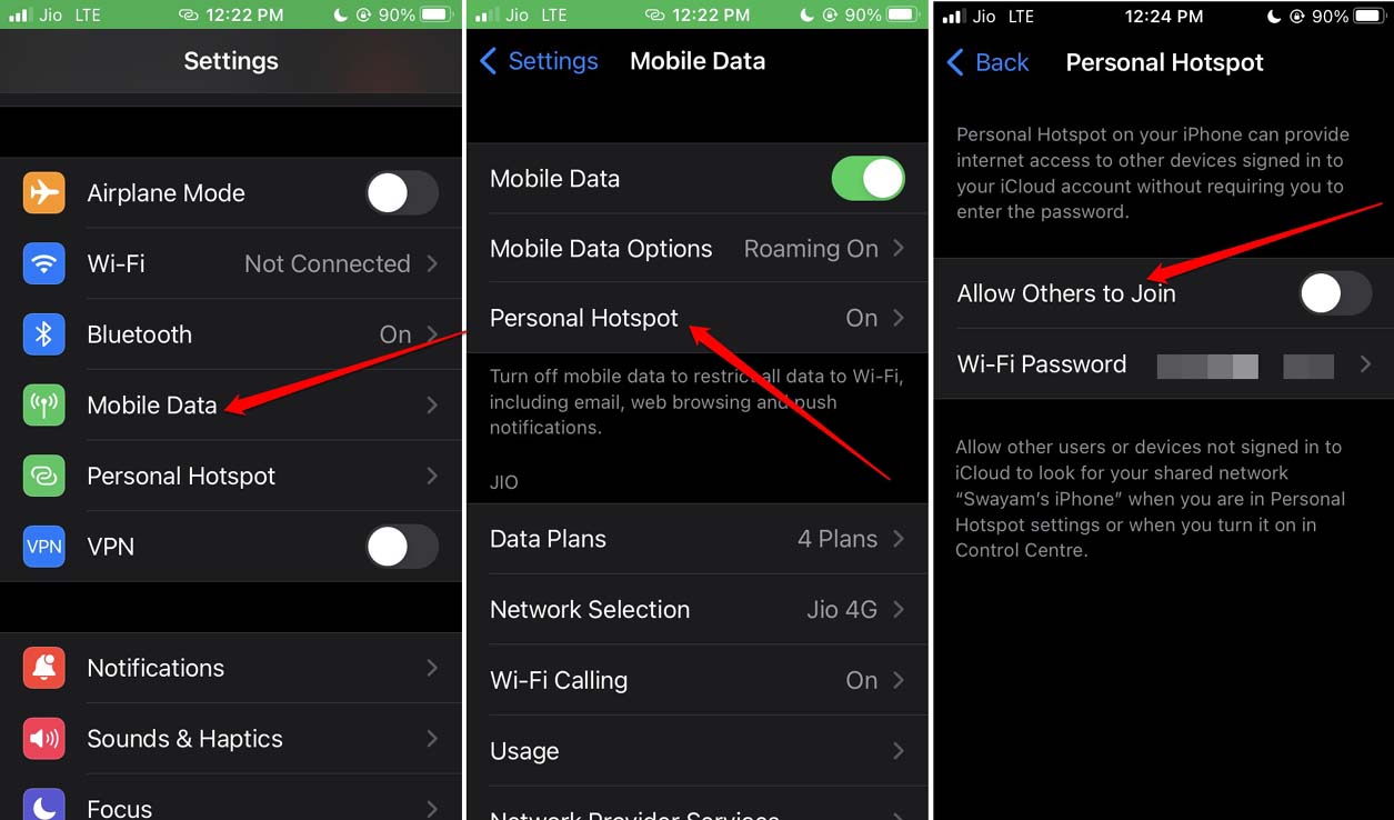 Отключение личной точки доступа на iPhone