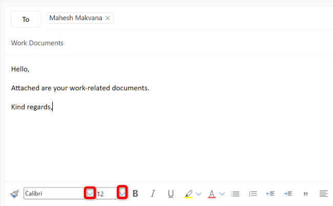 Изменение шрифта и размера для отдельного письма в Outlook для веба.