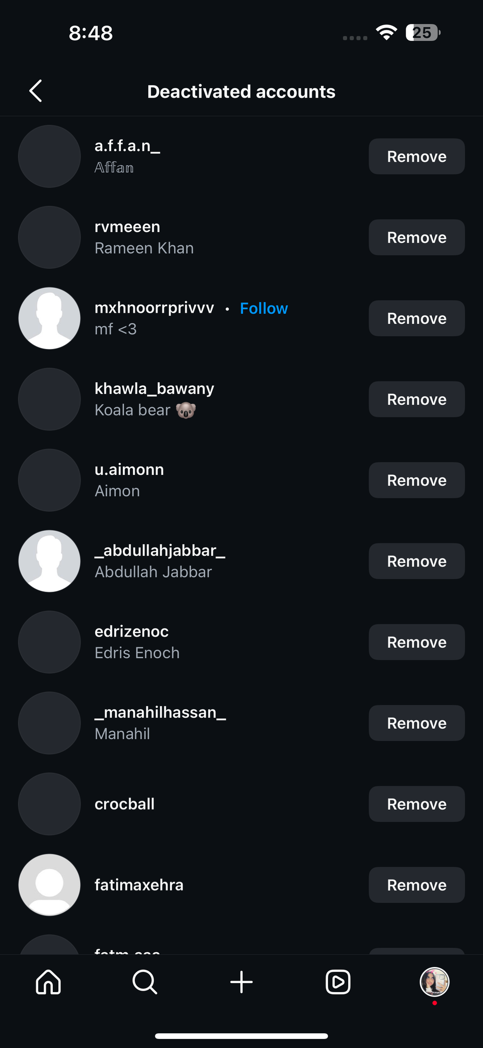 Deactivated accounts list on Instagram