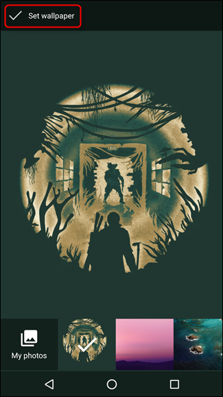 Меню «Обои»: прокрутка доступных изображений и кнопка 'Мои фото'