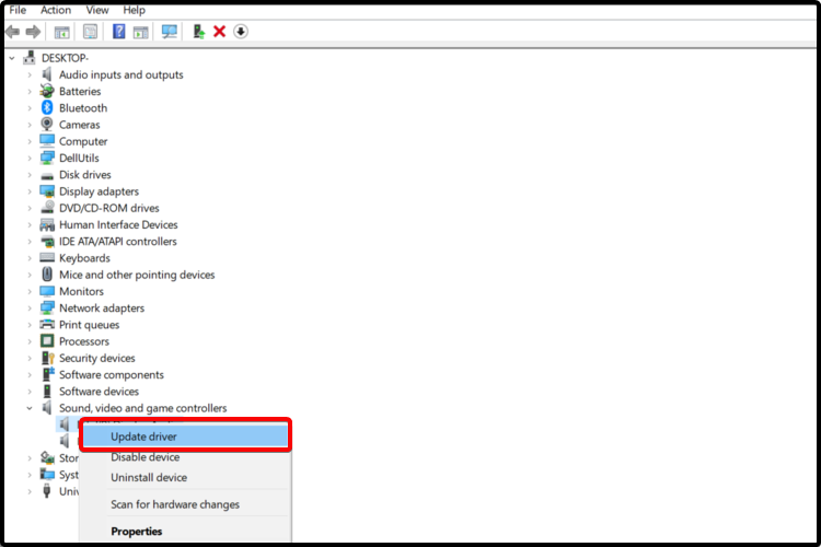 Контекстное меню устройства, пункт Обновить драйвер