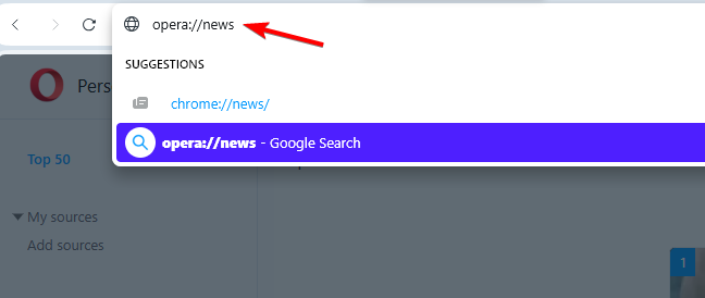 Адресная строка Opera с opera://news