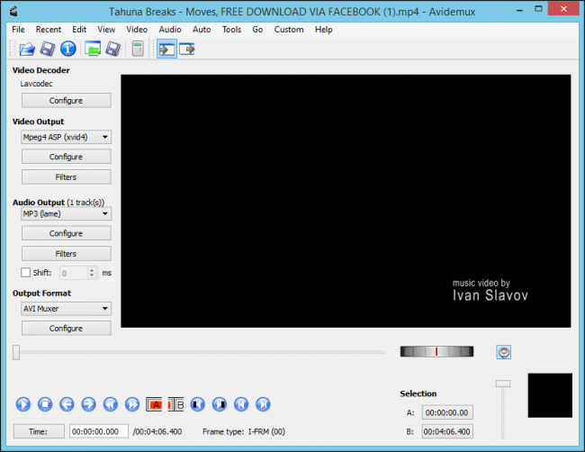 Выделение начальной точки A на временной шкале в Avidemux