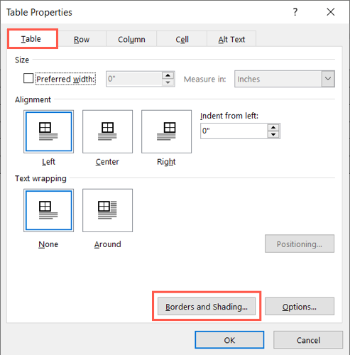 Кнопка 'Границы и заливка' в окне 'Свойства таблицы'