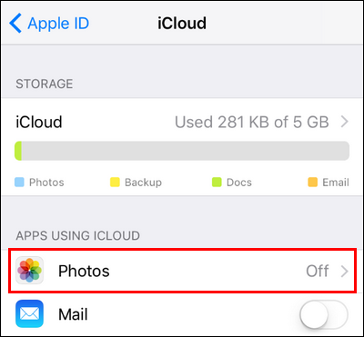 Меню Приложения, использующие iCloud — параметр «Фото» выключен