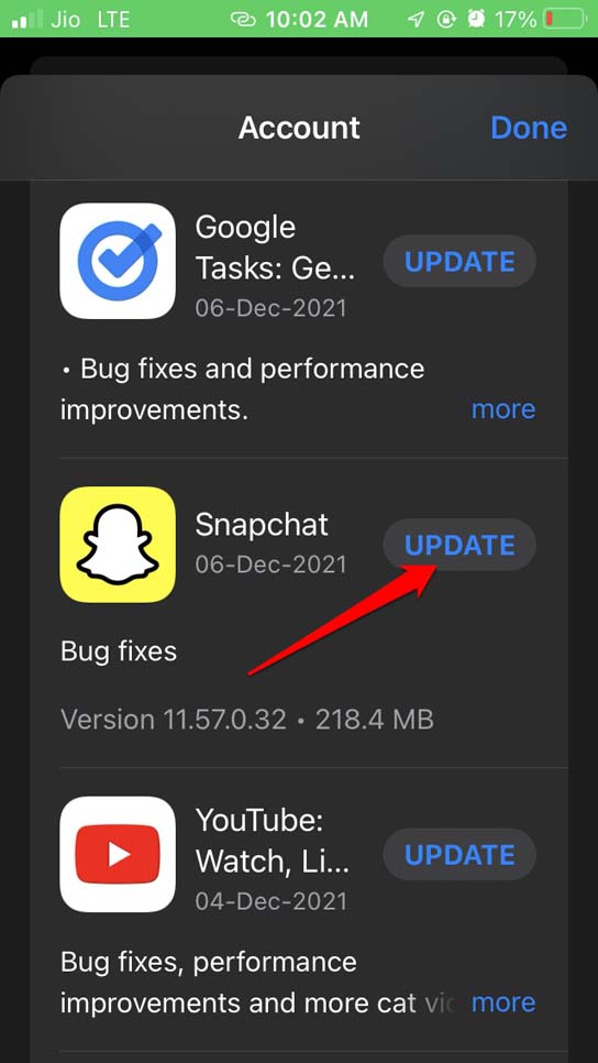 Кнопка обновления Snapchat в App Store