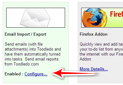Ссылка Configure в Email Import / Export