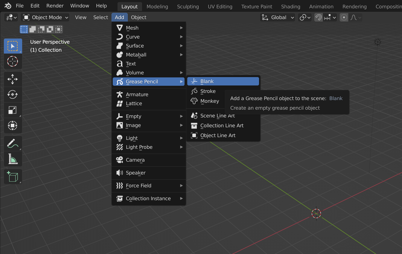 Creating a new Grease Pencil object in Blender.