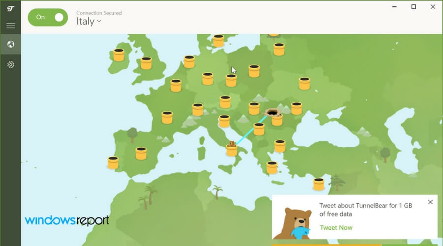 Медвежонок TunnelBear и интерфейс приложения