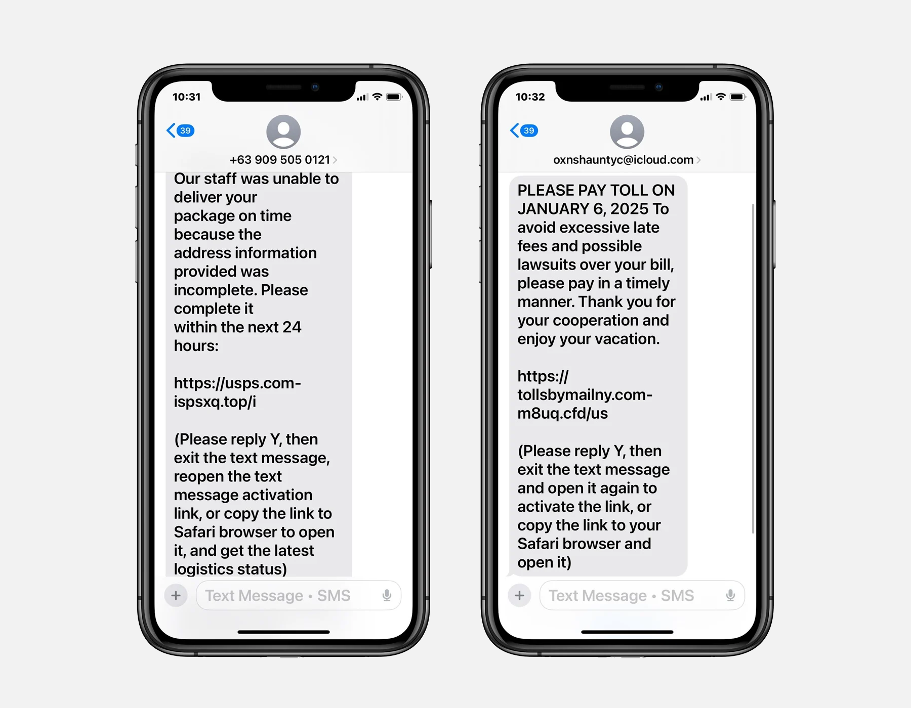 Примеры фишинговых SMS в iMessage от Bleeping Computer
